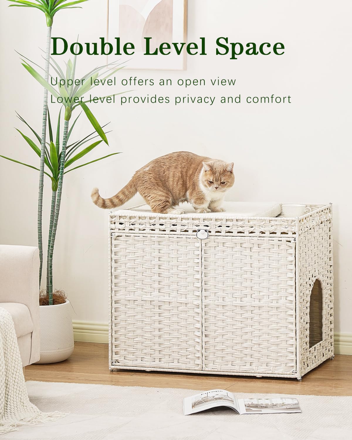 Cat Litter Box Enclosure Furniture, Handwoven Rattan Hidden Litter Box with Mat, Large Space Cat House with 2 S-Shaped Hooks 30.3 x 18.3 x 24.4 Inches, Indoor for Living Room Apartment White - image 2