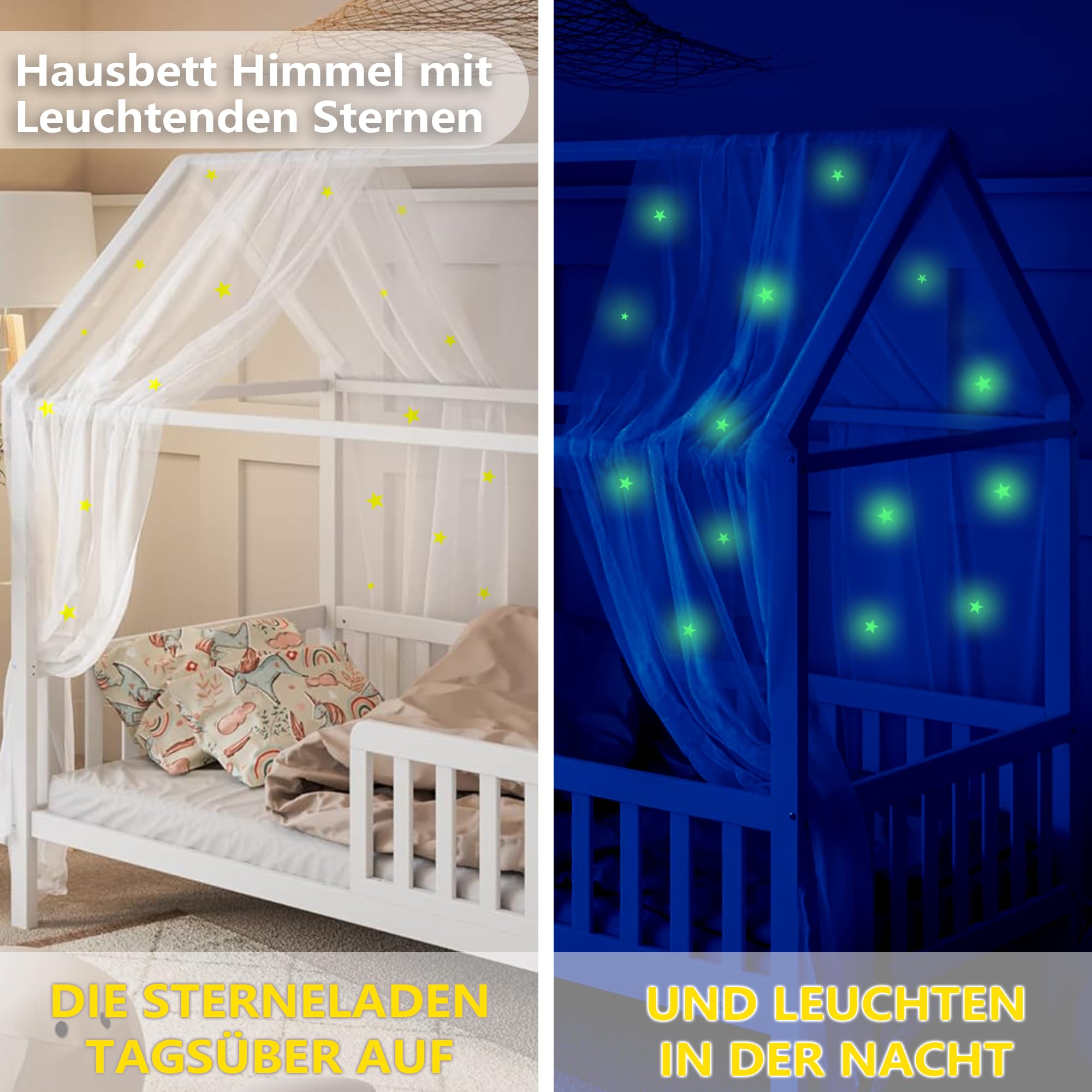 Hausbett Himmel Deko mit Leuchtenden Sternen, 2 Betthimmel & 1 Wimpelkette | Babybett Himmel für Kinderzimmer | Himmelbett Vorhänge für 90x200 & 120x200 Kinderbetten fürJungen/Mädchen(Weiß, 135x270cm)