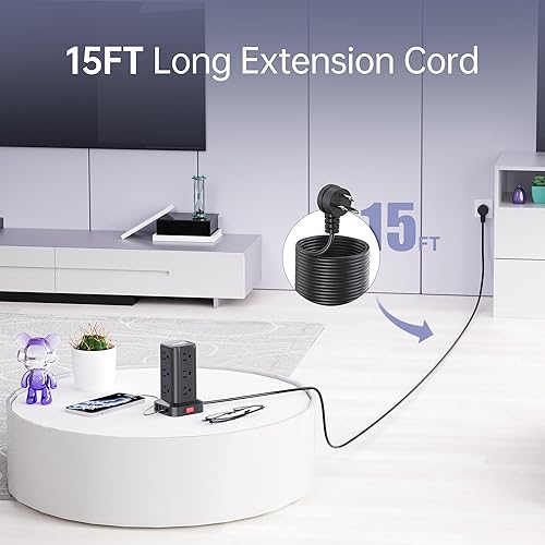 Miniatura 9 de PD20W - Torre de regleta de protección contra sobretensiones, cable de extensión de 15 pies con múltiples tomas, 12 AC 4 USB (1 USB C), mini regleta