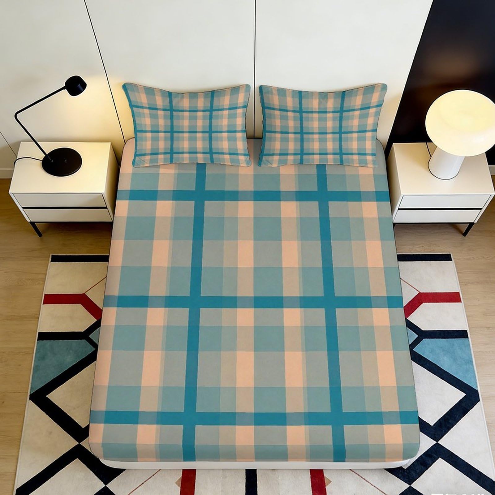 3D Printed Blue Plaid Fitted Sheet Microfiber Soft Breathable Checkered Mattress Cover for Bedroom Guest Room Decor 90x200x25cm