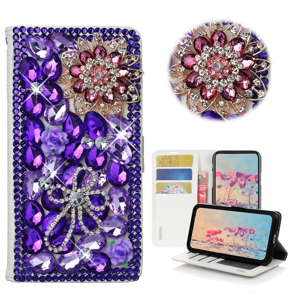 STENES Bling Wallet Phone Case Compatible with Samsung Galaxy A21s Case - Stylish - 3D Handmade Luxury Flowers Design Magnetic Wallet Stand Leather Cover Case - Deep Purple