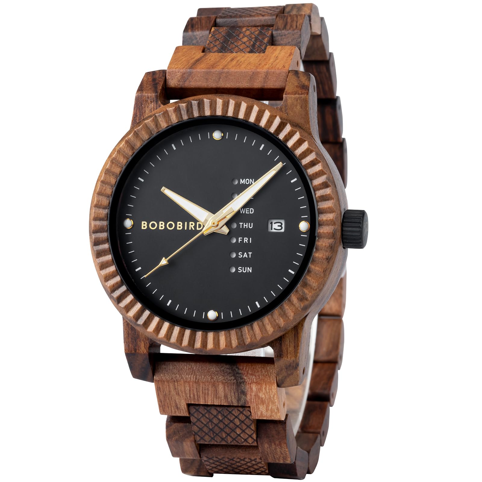 BOBO BIRD Orologio analogico al quarzo da uomo, in legno, con visualizzazione settimanale, leggero, fatto a mano, orologio da polso per uomo