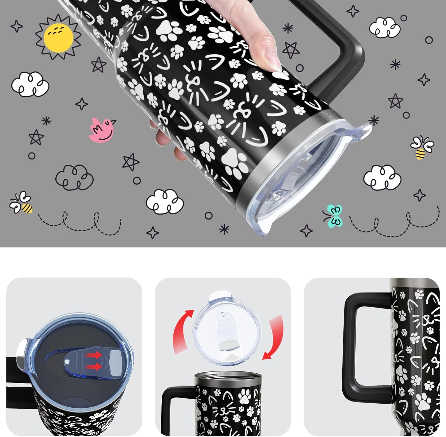 40 Oz Cat Paw Tumbler with Handle and Lid Straw, Black Cat Face Stainless Steel Travel Cups Birthday Cats Lover Gifts for Women Men (1PC) - Image 5