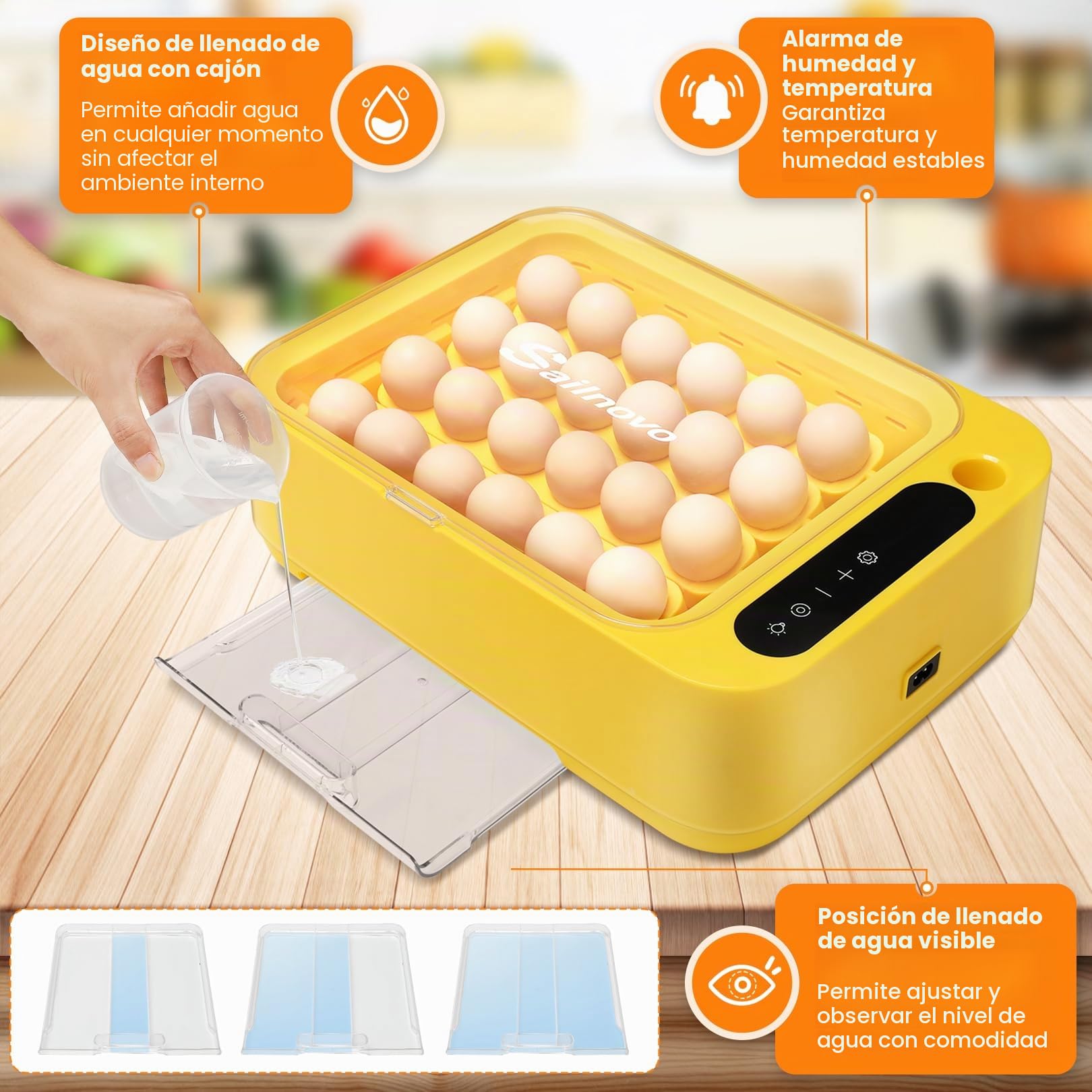 Sailnovo - 24 incubadoras para pollos, otras aves + 20 huevos + incubadora totalmente automática + control de temperatura + indicador de humedad + adición de agua externa- amarillo