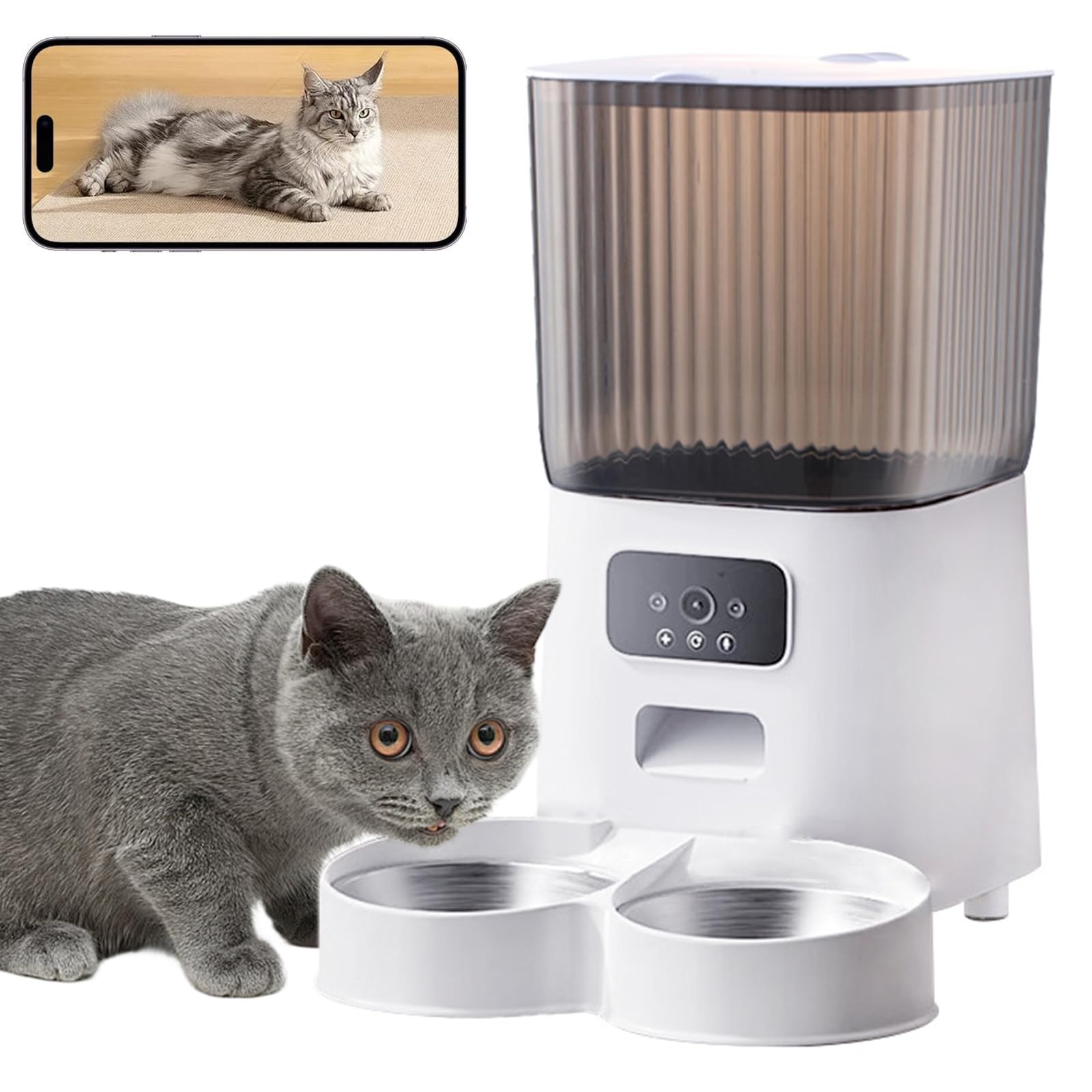 Distributore Automatico Cibo Gatti con App, 2.4G WiFi Dispenser Crocchette Gatto Fino A 5 Pasti/9 Porzioni al Giorno, Ciotole per Gatti in Acciaio Inox, 5L Dispenser Cibo Gatti,Dual