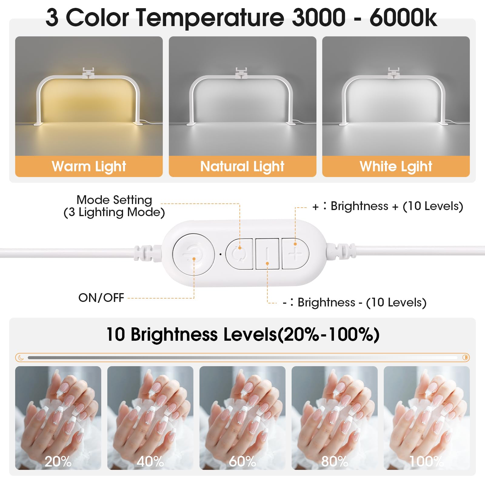 Lampada Mezza Luna Estetica, 72CM 40W Lampada Estetista da Tavolo per Unghie, Lampada Extension Ciglia con Porta Cellulare, Half Moon Light con 3 Modalità 10 Luminosità per Tatuaggi Manicure- Bianco