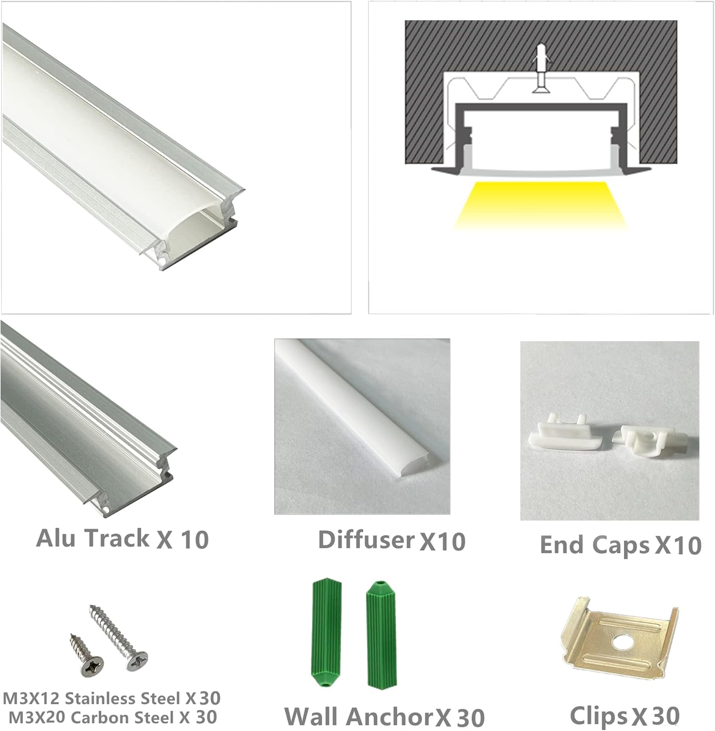 10-Pack 3.3FT 1M Recessed LED Strip Channel Diffuser System, 25X7MM Collar Aluminum Low Profile for Standing Cabinet Floating Shelf Alcove Routed Slot Tape Light with Milky Cover and Clips