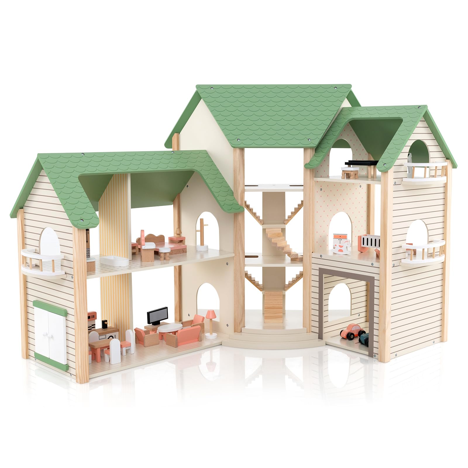 COSTWAY Casa de Muñecas Esquinera de Madera, Casita Infantil con Techo Verde con 36 Muebles y Accesorios, Casa de Ensueño con 3 Pisos, 6 Habitaciones, Balcones y Garaje, para Niños de 3+ Años