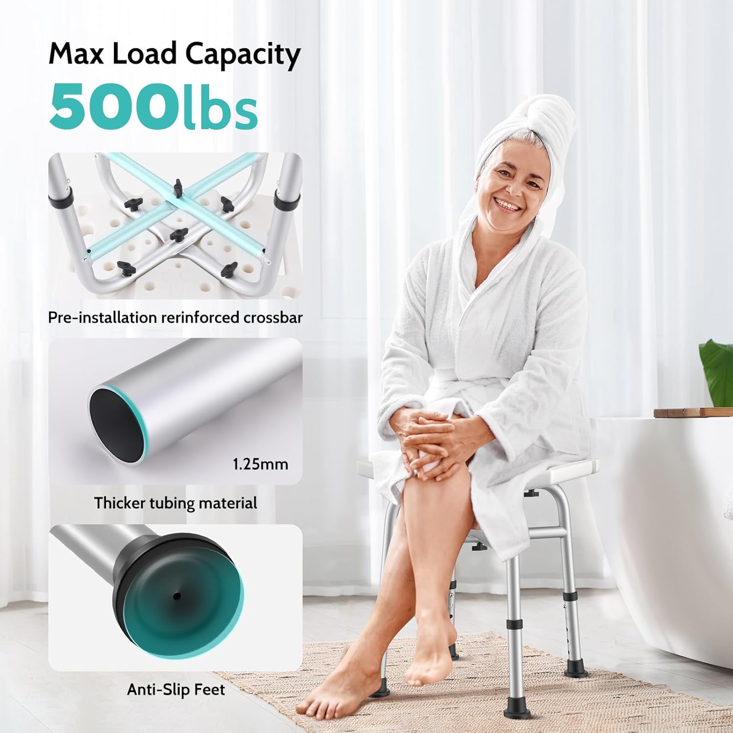 Kicimpro 500lbs Heavy Duty Shower Chair for Inside Shower Tub, Adjustable shower stool with 5 Heights, Reinforced Crossbars & 3-Min Assembly, Shower Chair for Elderly and Disabled, Pregnant & Recovery