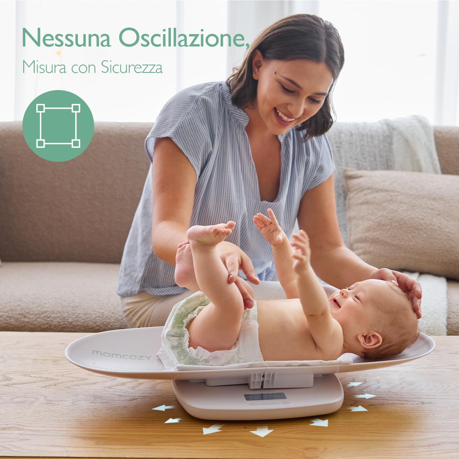 Momcozy Bilancia Neonato Digitale, Adulti e Animali Domestici, Memoria | Vassoio ergonomico rimovibile, Peso/Altezza, precisione 5 g fino a 20 kg, funzione tara, 5 unità e display LED orientabile