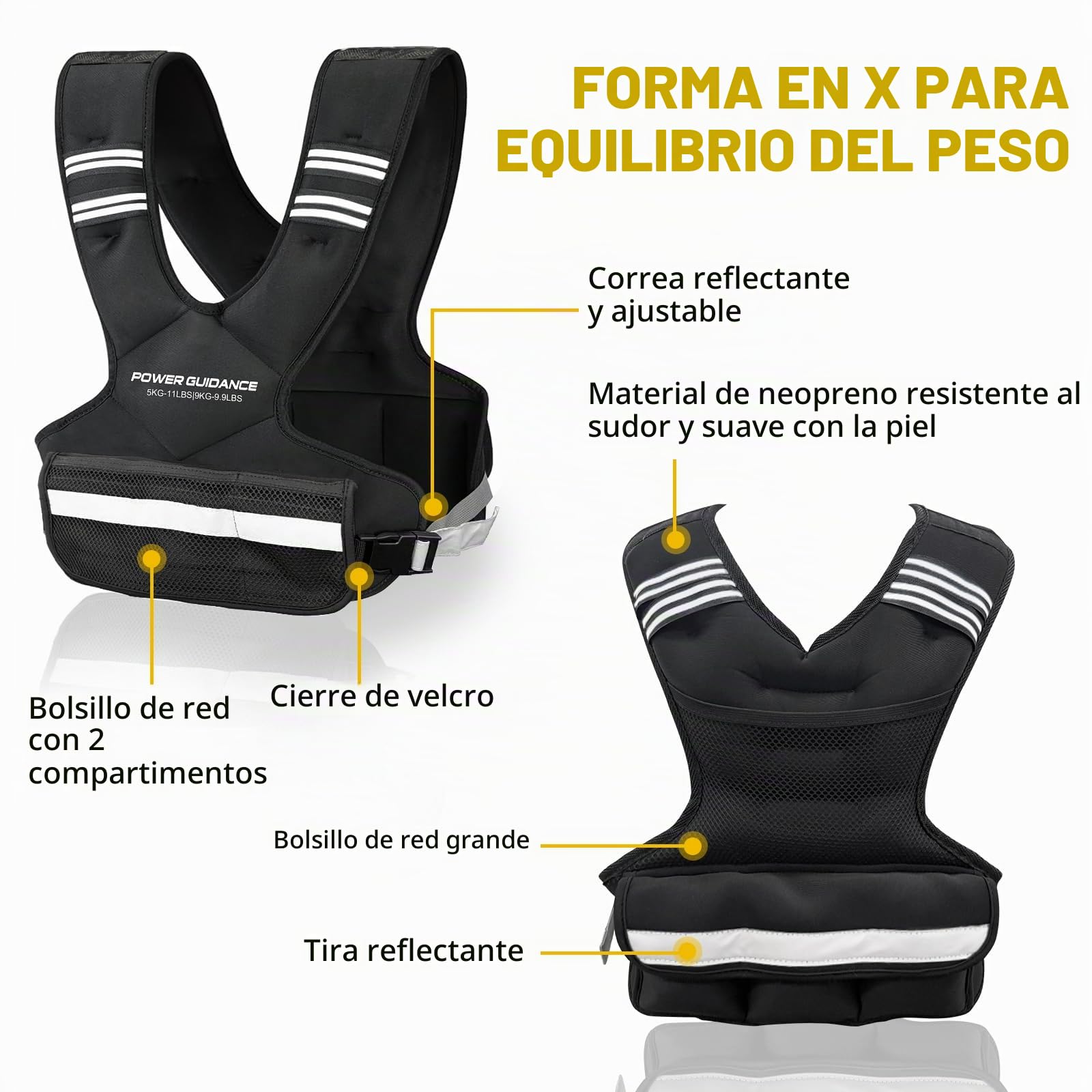 Chaleco Lastrado POWER GUIDANCE - Ajustable de 5 a 14,4 kg con Rayas Reflectantes | Ideal para Correr y Entrenamiento de Fuerza | Diseño Transpirable para Hombres y Mujeres