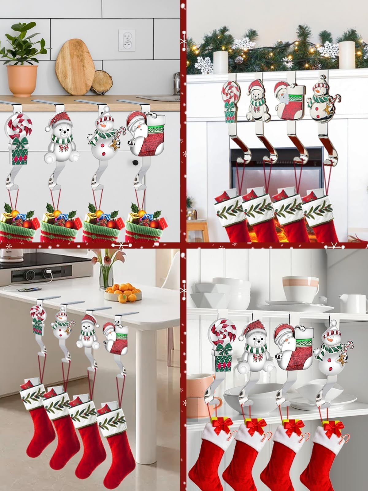EBANKU 4 pezzi Porta calze di Natale per camino, 4 porta calze da camino argentati, ganci antiscivolo robusti per mensole di Natale Decorazione Regali