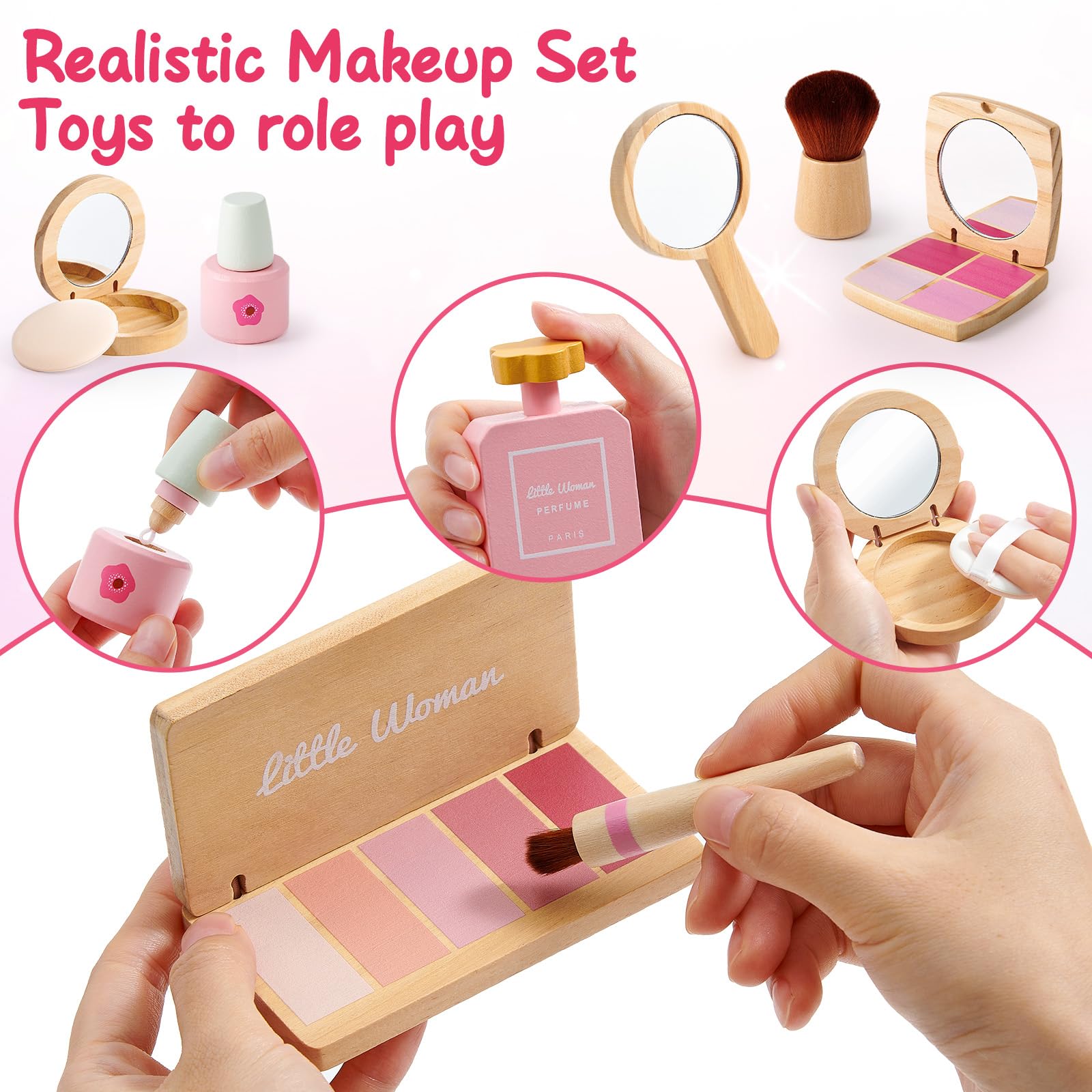 Atoylink Holz Kinderschminke Set Mädchen Kinder Schminke Makeup Spielzeug Rollenspiel Beauty Set Schminkkoffer Schminkset Holzspielzeug Weihnachten Geburtstags Geschenk für Mädchen ab 3 4 5 6 7 Jahre