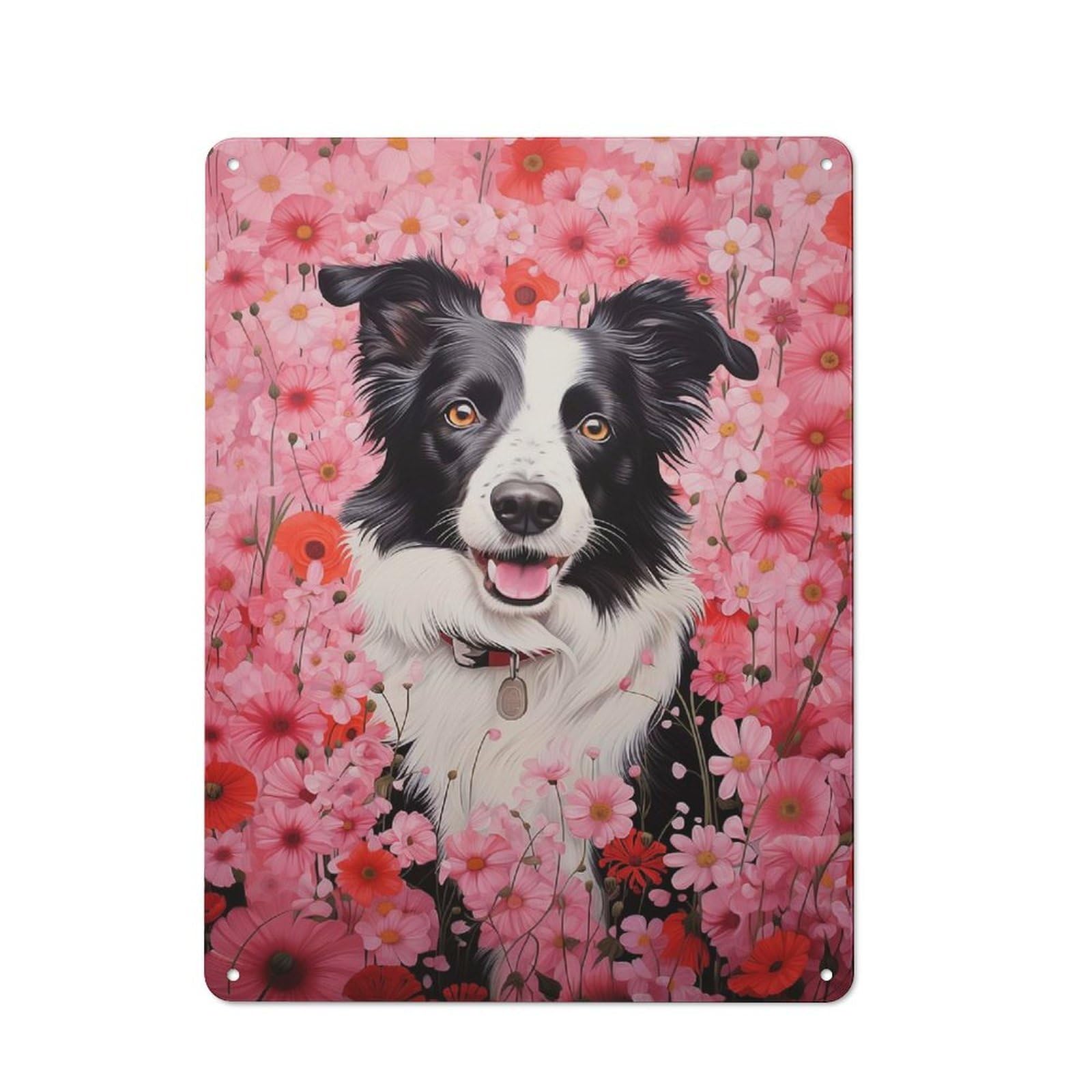 Metal Plaque with Border Collie in Pink Design 40x30cm, Cosy Diner Style Decor for Coffee Bar, Kitchen, Bistro Or Tea Corner