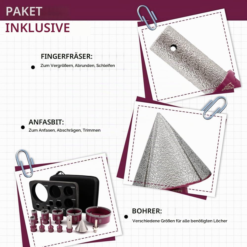 Diamant Fliesenbohrer Set 12 Stücke - 9 Stücke 6/6/8/20/25/35/50/68/110mm x M14 Bohrkronen, 20mm Fingerfräser, 50mm Fasenfräser, Adapter für Fliesen Keramik Porzellan Marmor Granit