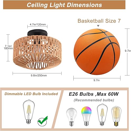 Miniatura 6 de Lámpara de techo, lámpara de techo de ratán tejida a mano, montaje empotrado, lámpara de granja, soporte de techo bohemio para pasillo, dormitorio,