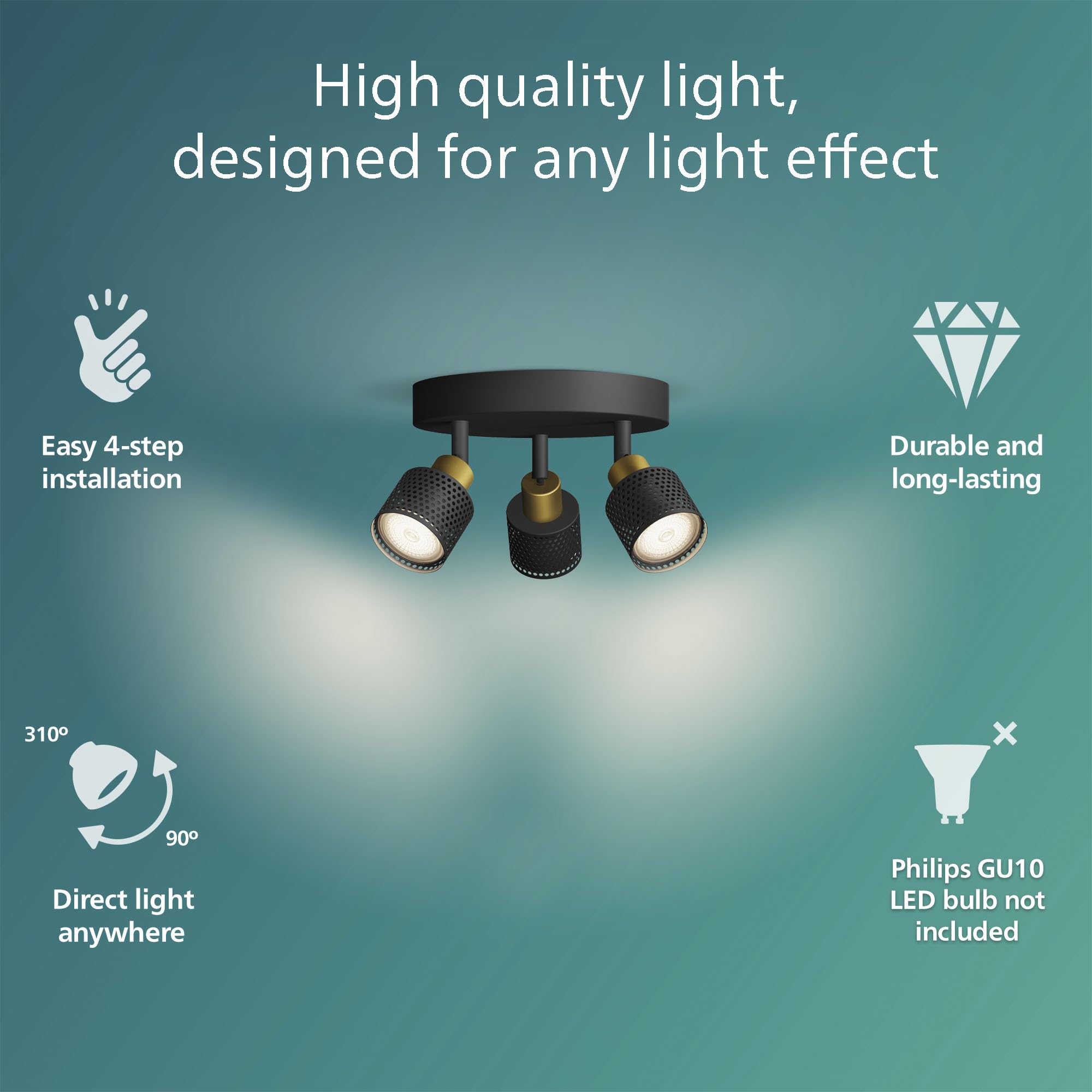 PHILIPS Niall Spot 3-Head on Round plale, GU10 not Included, Brass, IP20, Black-Gold, Black/Gold - Image 2