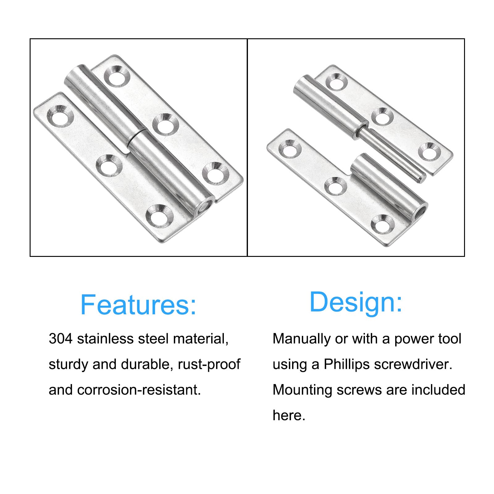 METALLIXITY Lift Off Hinge (64mm/2.5"), 304 Stainless Steel Right-Hand Slip Joint Small Flag Hinges - for Cabinet Door Silver Tone - Image 4
