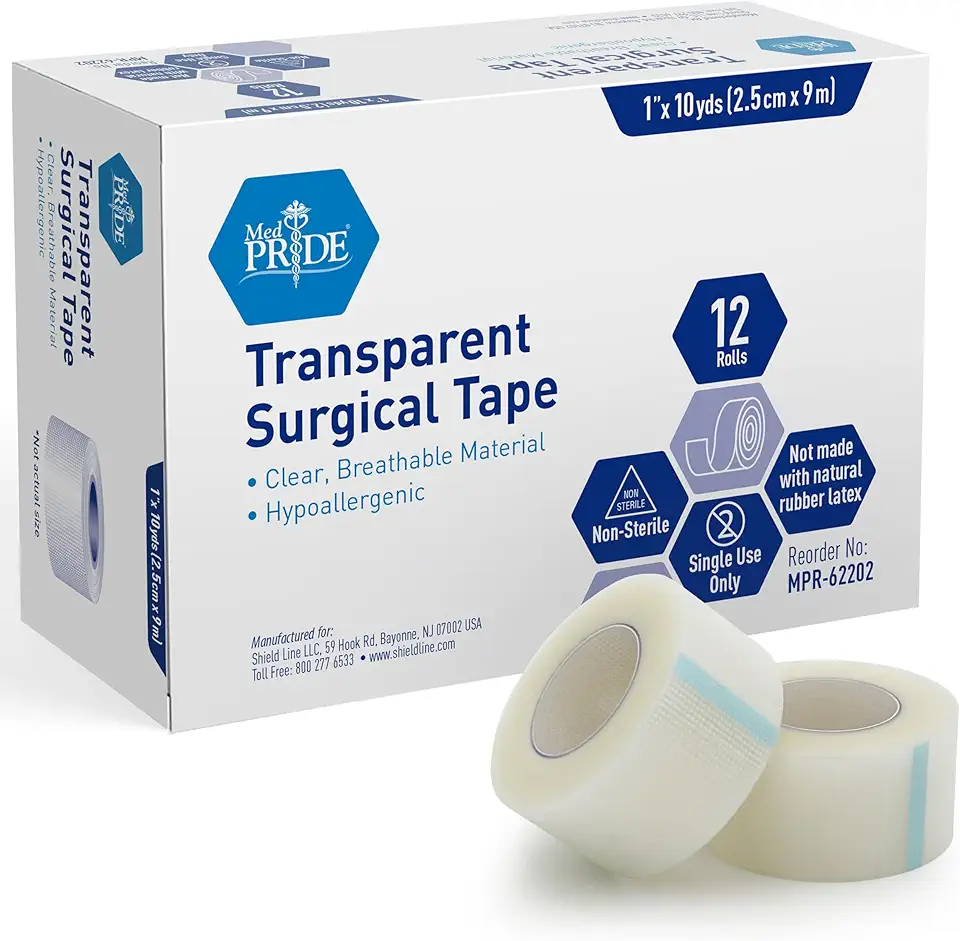 MED Pride Hypoallergenic Adhesive Surgical Tape 12 Pack Breathable First Aid Med Tape Latex &amp; Rubber Free (1" X 10 yds Clear,Transparent)