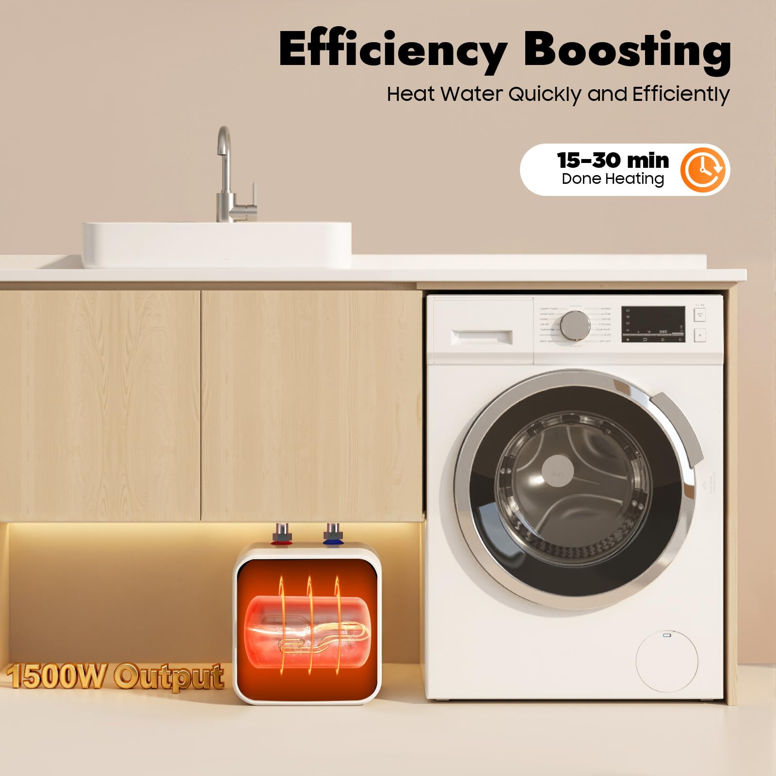 MINRS Podszafkowy bojler do kuchni, pojemność 1500 W, 220 V, podgrzewacz wody 30-65°C, do umywalek, kuchni, łazienki, biały