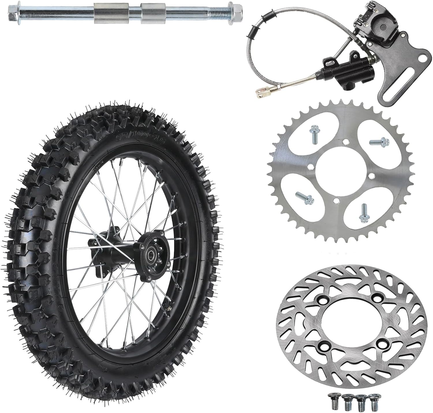 16" Rear Wheel Assembly with 90/100-16 Tire, Rim, 520 43T Sprocket, Disc Brake Rotor & Caliper for Pit Bike SSR Taotao 125cc-200cc - Complete Replacement Kit for Off-Road Motorcycles