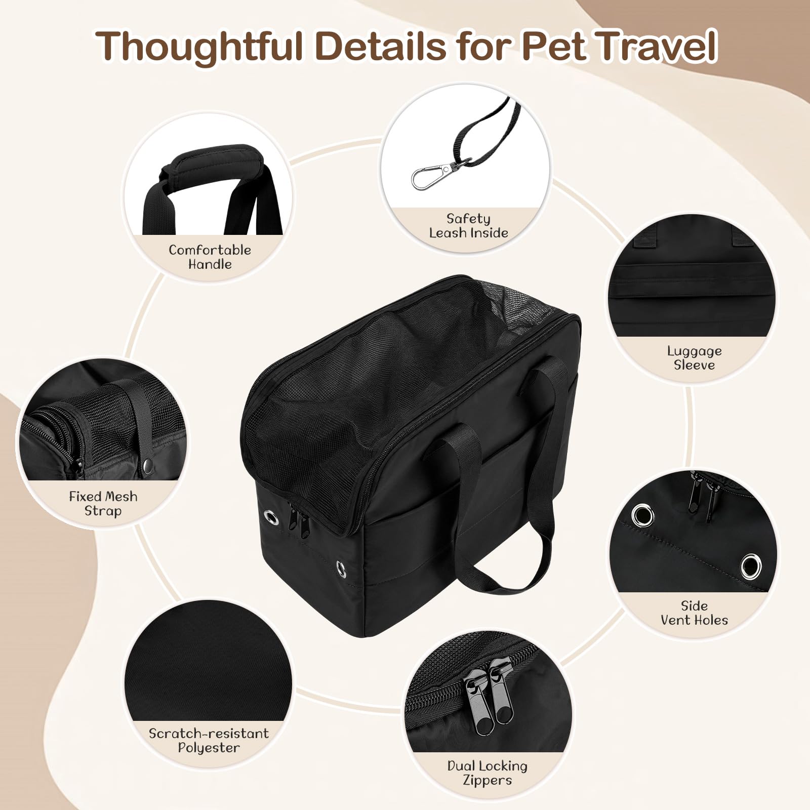 Bolso Transportín para Perros Pequeños, 15" X 11" X 7,9" Transportín De Viaje para Mascotas con Almohadilla De Apoyo, Ganchos De Seguridad, Múltiples Bolsillos, Transportín Blando para Gatos, Negro