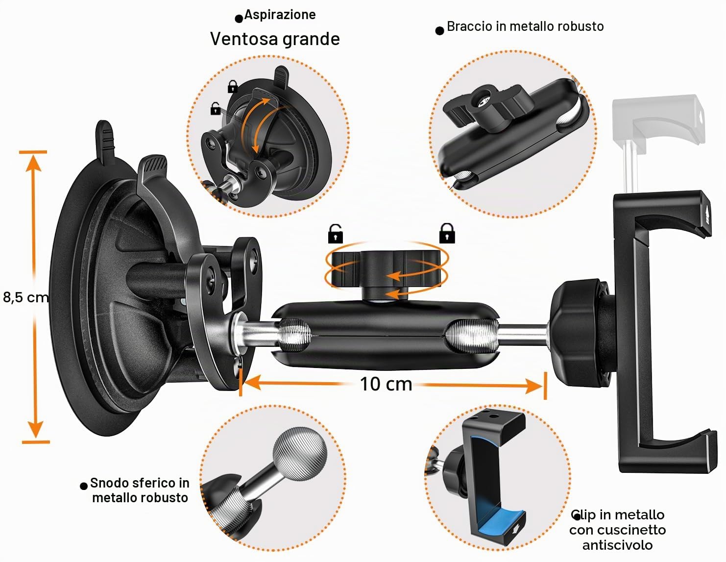 Supporto Telefono Trattore/Auto in Metallo, Braccio Regolabile in Alluminio | Supporto Cellulare Cruscotto Parabrezza Finestrino con Grande Ventosa per tutti i Telefoni, iPhone 17 16 15 Pro Max ecc