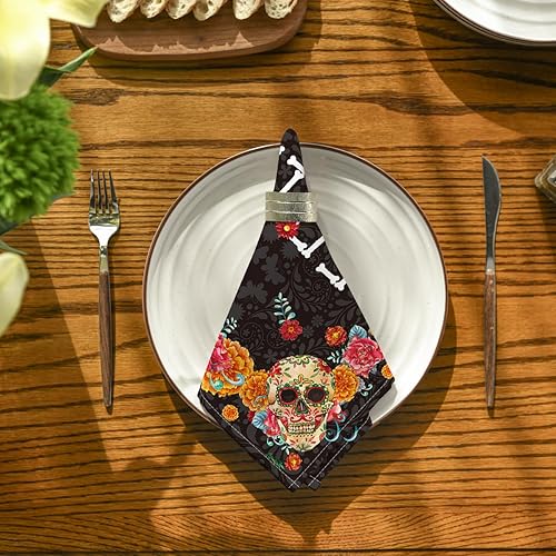 Miniatura 4 de Horaldaily Dia de Muertos - Servilletas de tela de 18 x 18 pulgadas, diseño de caléndula de México, caléndula de azúcar, caléndula, decoración de
