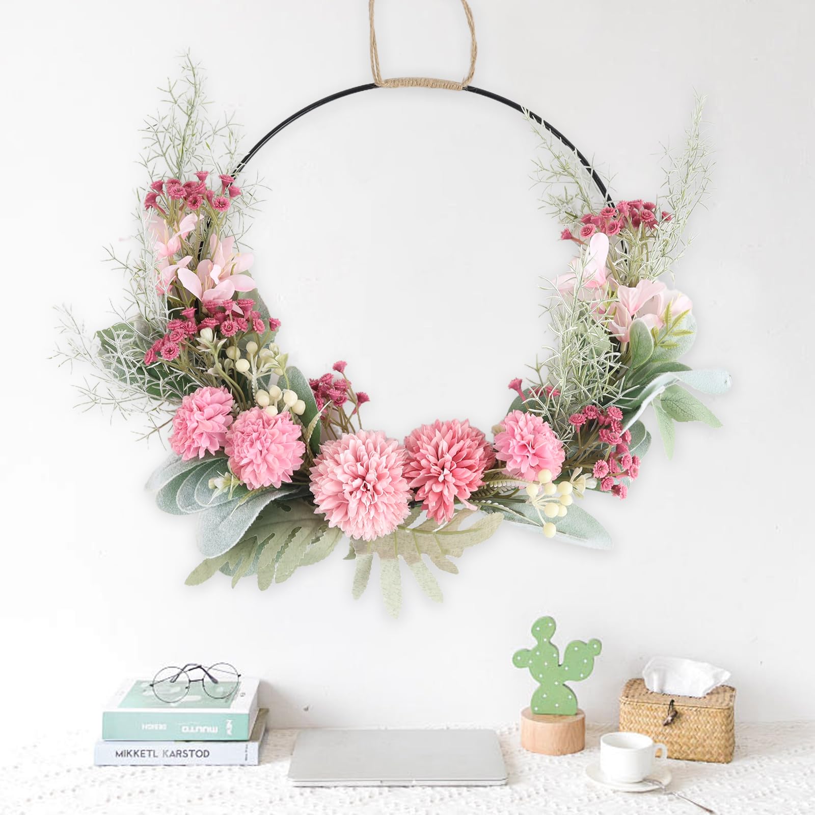 LOMOHOO Couronne de porte décorative - Guirlande de bienvenue en fleurs artificielles - Anneaux décoratifs pour mariage, salon - Couronne murale en métal