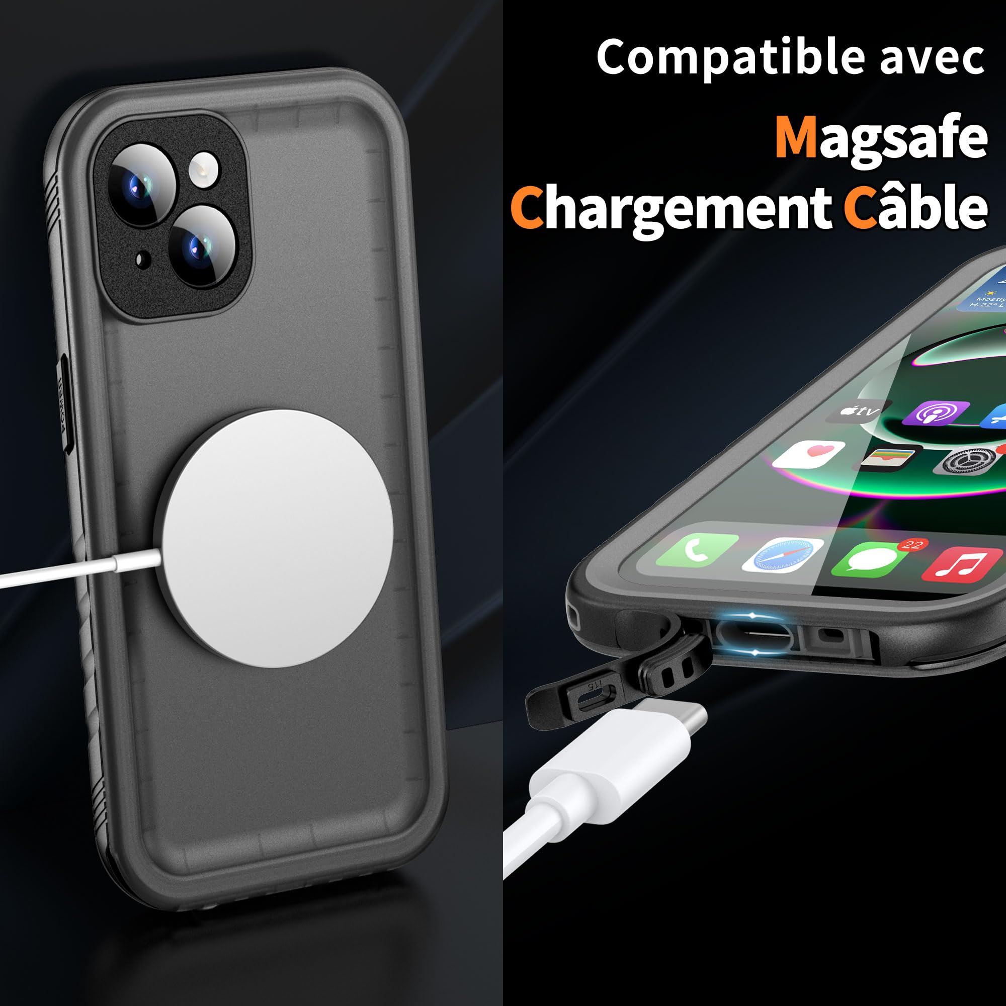 Cozycase Coque pour iPhone 15 Etanche Antichoc - 360 Integral Incassable Militaire Super Résistante Housse IP68 Waterproof Chantier Anti Choc Eau Poussière Coque Case et Protection Ecran/Camera-Noir