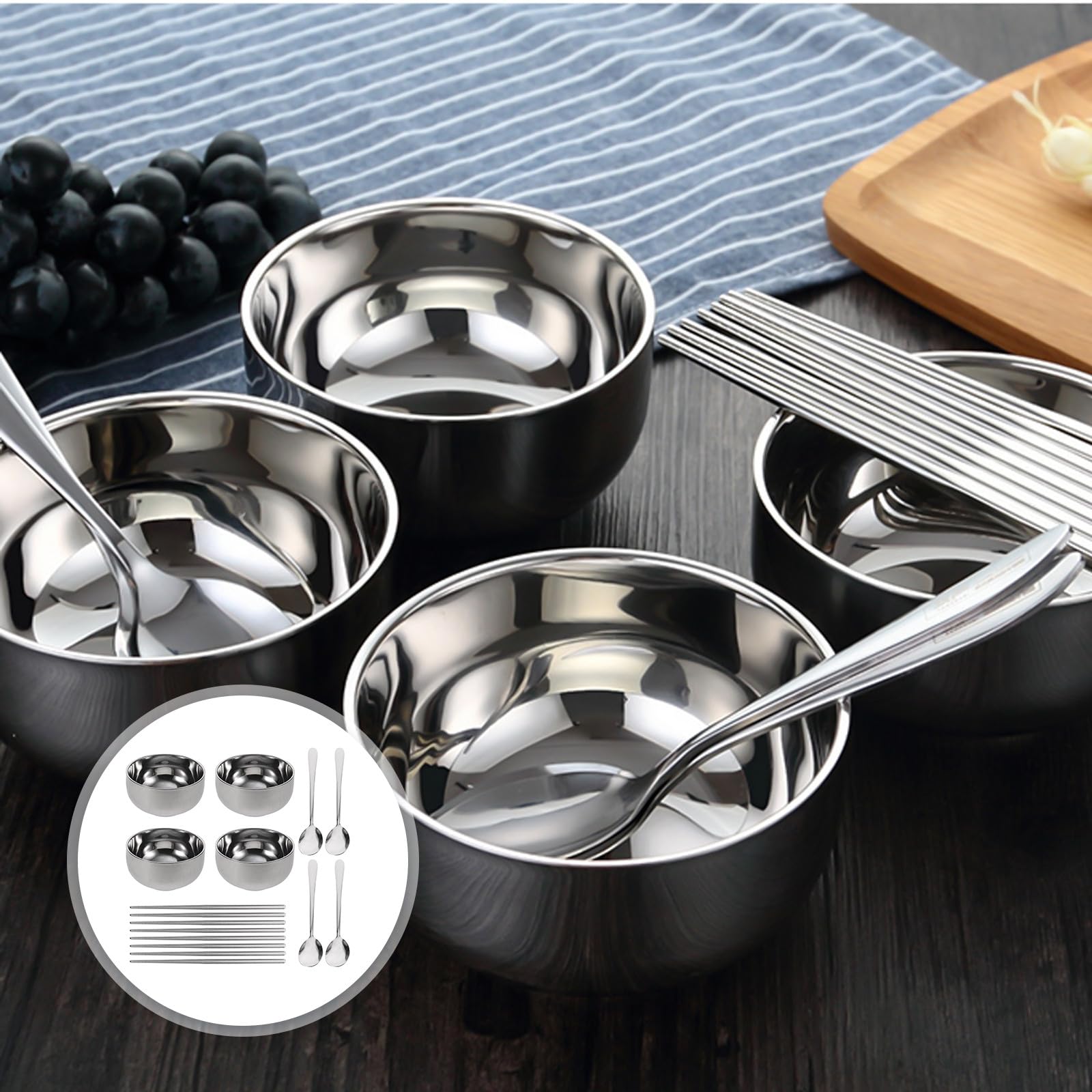 Edelstahl Schüssel mit Deckel Set Küchenutensilien Edelstahl Set Tragbares Besteck für Picknick und Reisen Essstäbchen und Löffelset Küchengeschirr mit Aufbewahrungstasche