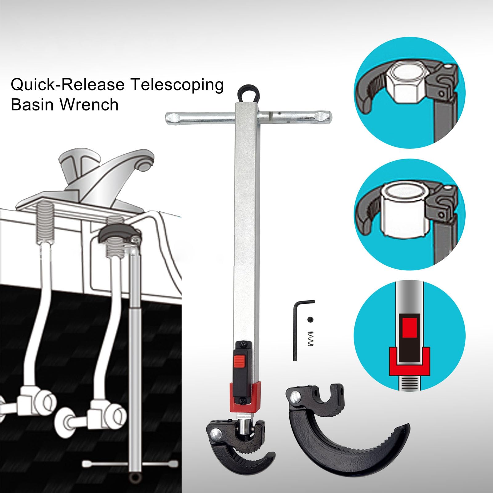 Llave para Tuercas de Piso, Llave de Fontanero, 250 mm, Llave para Lavabo con mordazas giratorias, para diámetros de 10 mm a 64 mm