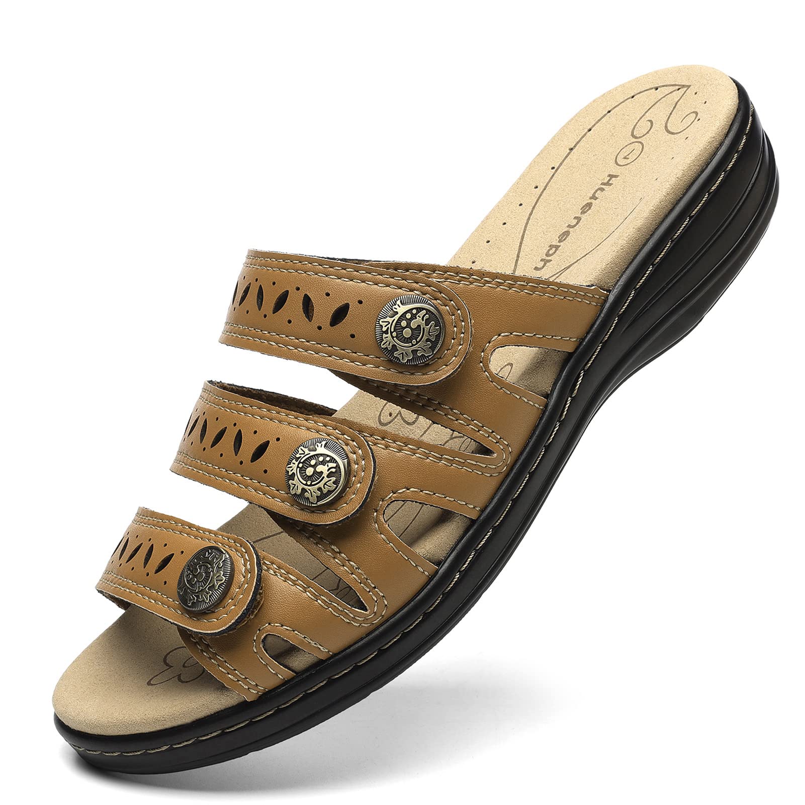 Hueneph Women's Comfort Leather Slides Lightweight Flat Sandals Cute Slip On Casual Walking Slippers