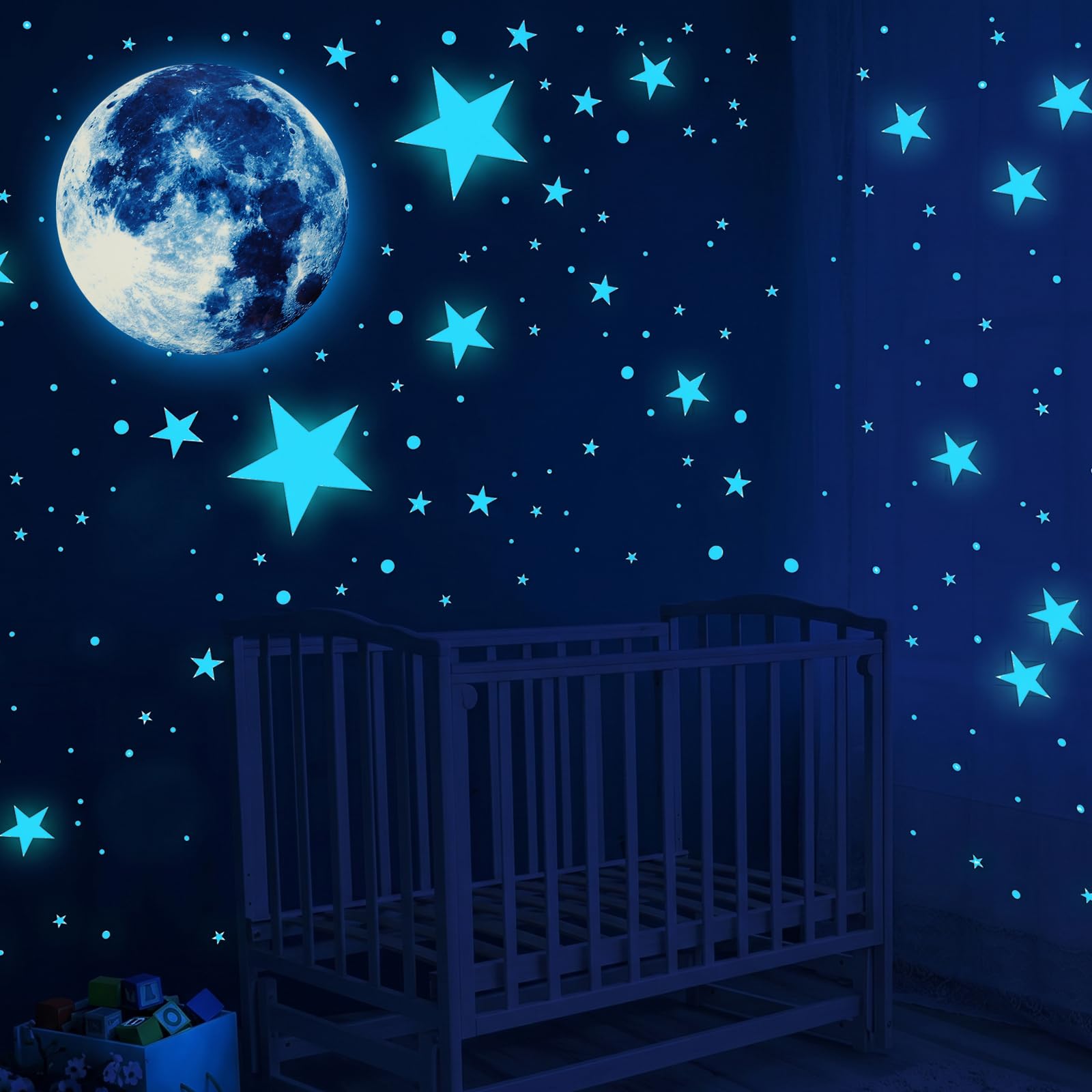 Pegatinas de pared fosforescentes Luna Estrellas compatibles con dormitorio salón, pegatinas adhesivas, color azul 20 cm