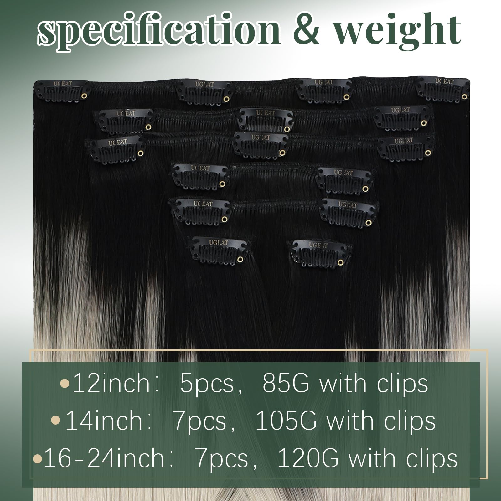 Ugeat Przedłużanie Włosów Clip in, Włosy Ludzkie, Ombre Naturalna Czerń do Blondu, 35 cm 7 sztuk 105g, Włosy Clip in Extensions Platynowy Blond, Remy Naturalne Proste