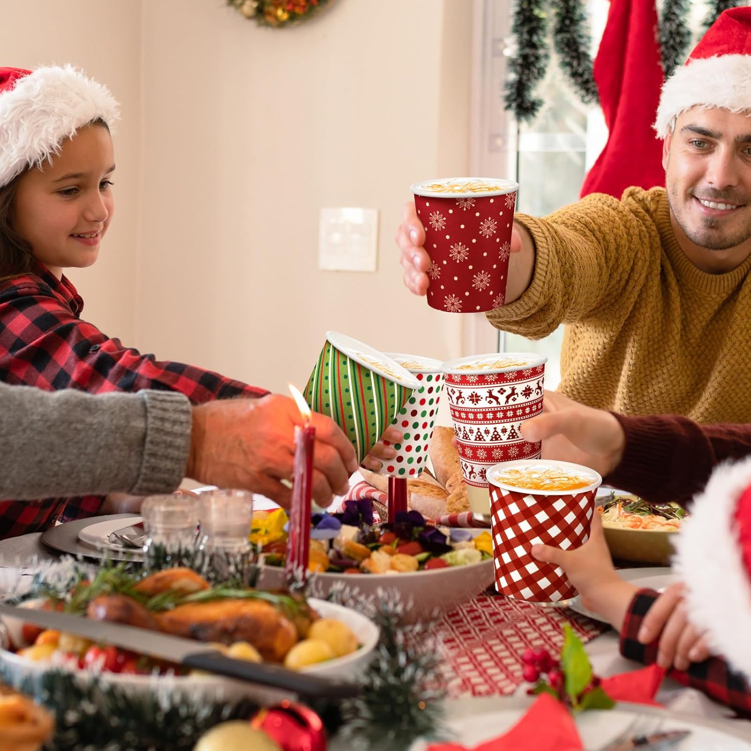 Zhehao 90 Pcs/30 Sets Christmas Paper Coffee Cups with Lids and Sleeves Disposable Hot Cocoa Party Paper Cups for Hot Chocolate Accessories(9 oz,Colorful)