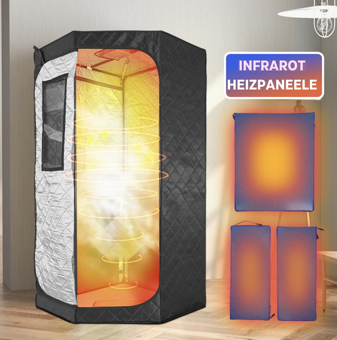 Cabine infrarouge portable pour sauna 90 x 90 x 190 cm avec chaise de camping, télécommande numérique, cabine thermique, couleur noire - votre moment de bien-être à tout moment et partout, portable