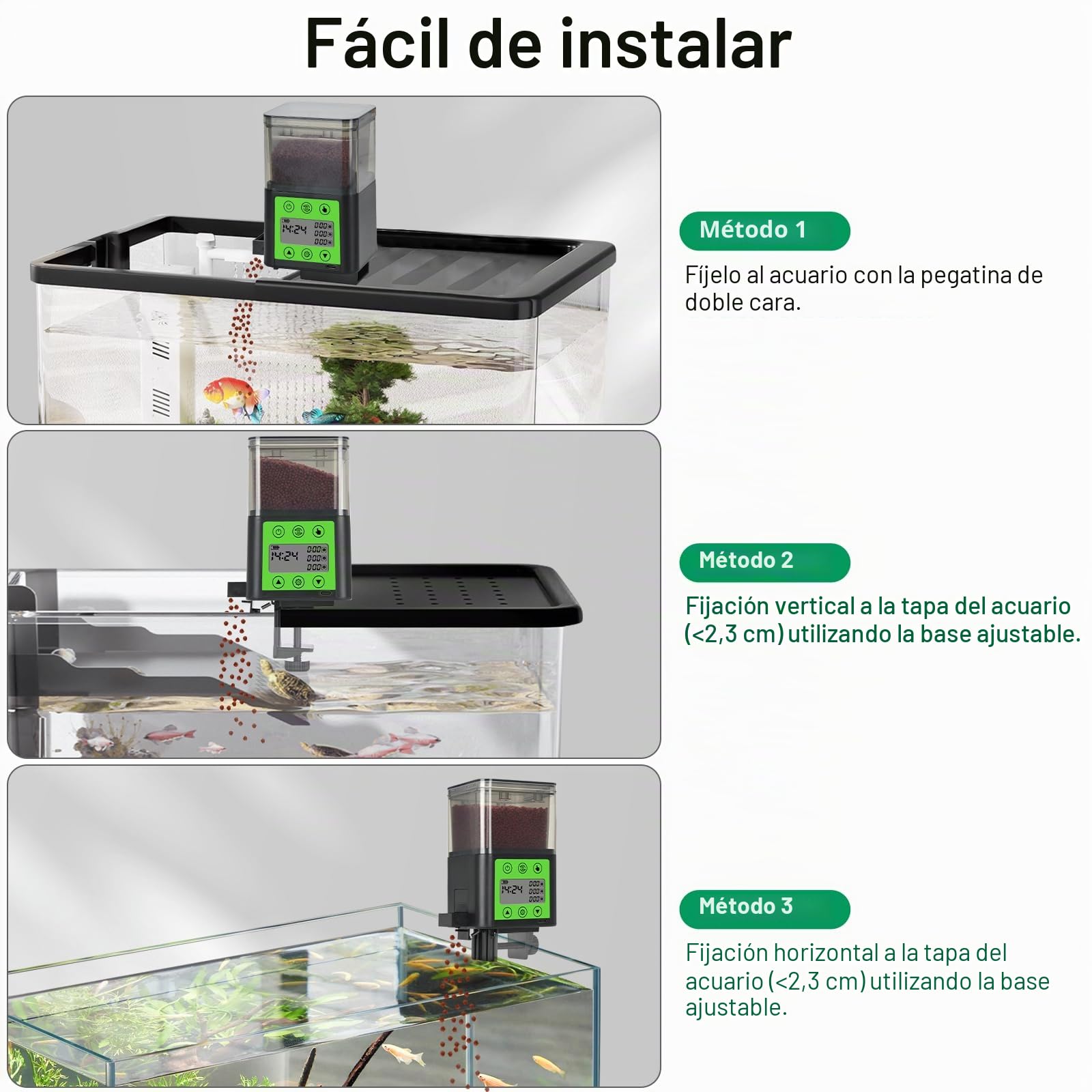 Lychee Dispensador automático de alimentos para peces recargable por USB 320 ml de gran capacidad con pantalla LCD resistente a la humedad con temporizador eléctrico