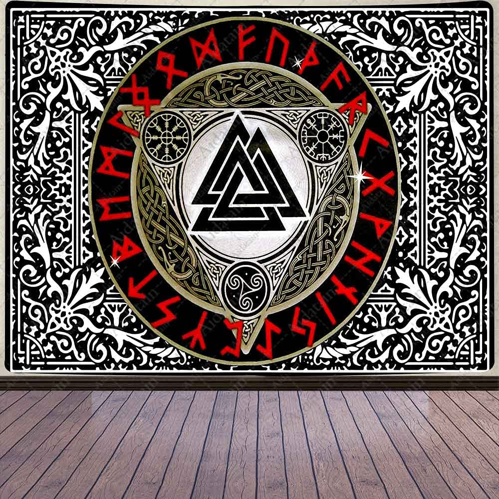 Aidatain Viking Art Tapestry red Ancient Rune Totem Norse Mythology  Tapestries Black White Mystical Geometric Mythology Tapestry Wall Hanging  80