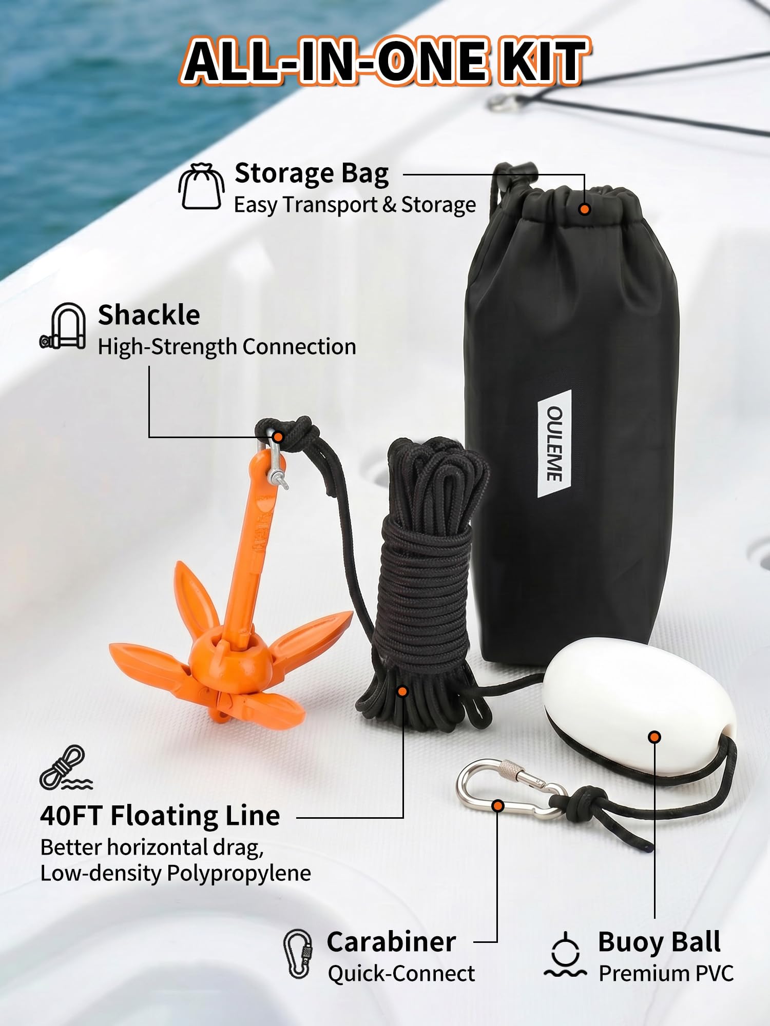 OULEME Folding Grapnel Anchor Kit - Boat & Watercraft -2 OULEME Folding Grapnel Anchor Kit - Boat & Watercraft -2