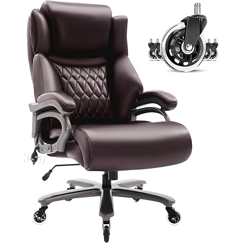 Big and Tall 400lbs Office Chair- Adjustable Lumbar Support Quiet Rubber Wheels Heavy Duty Metal Base, High Back Large Executive Computer Desk Chair, Thick Padded Ergonomic Chair, Brown