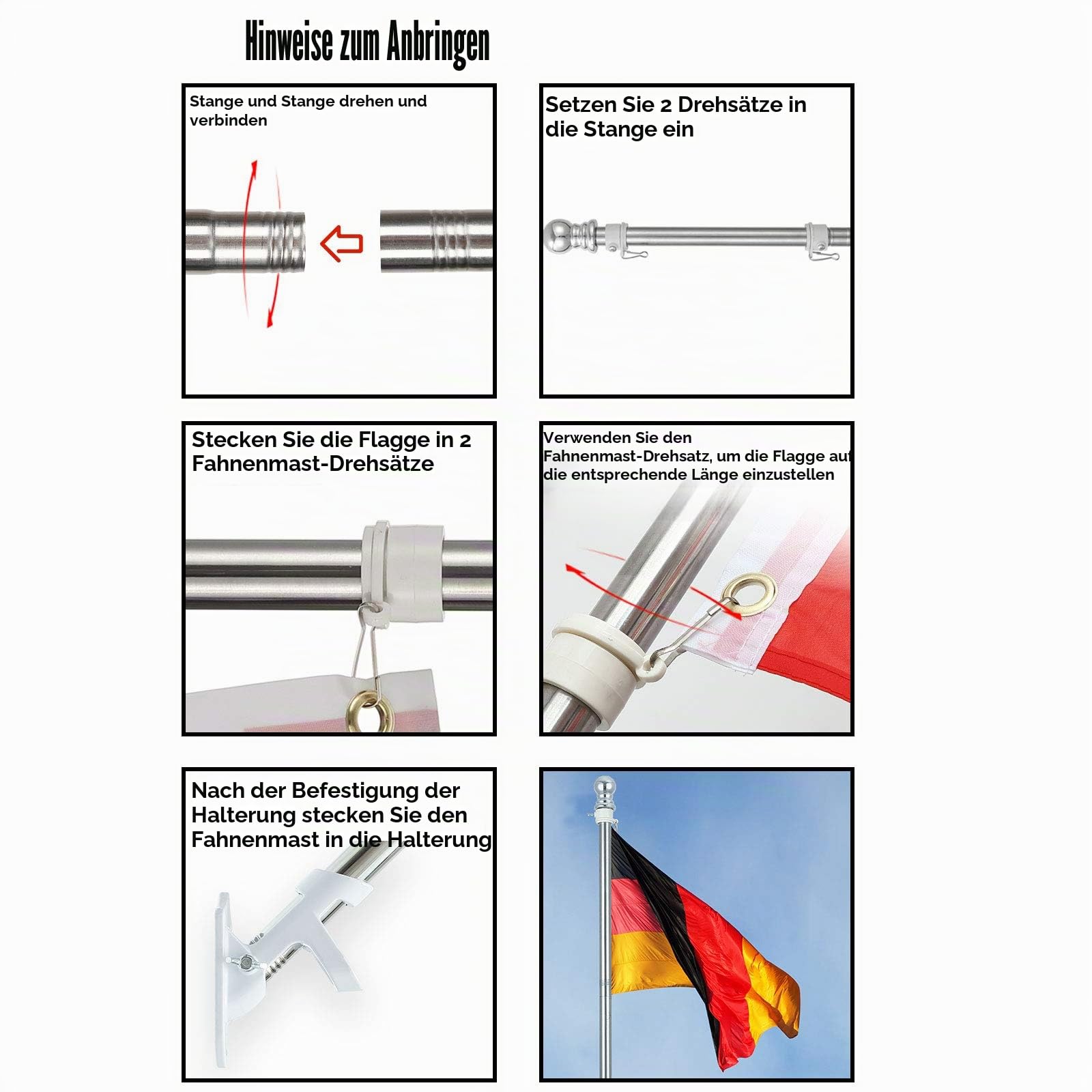 HORSE SECRET Fahnenmast aus Aluminium mit 150cm Fahnenmasthalter aus Edelstahl, Edelstahl Fahnenstange kit mit Drehbaren Ringen