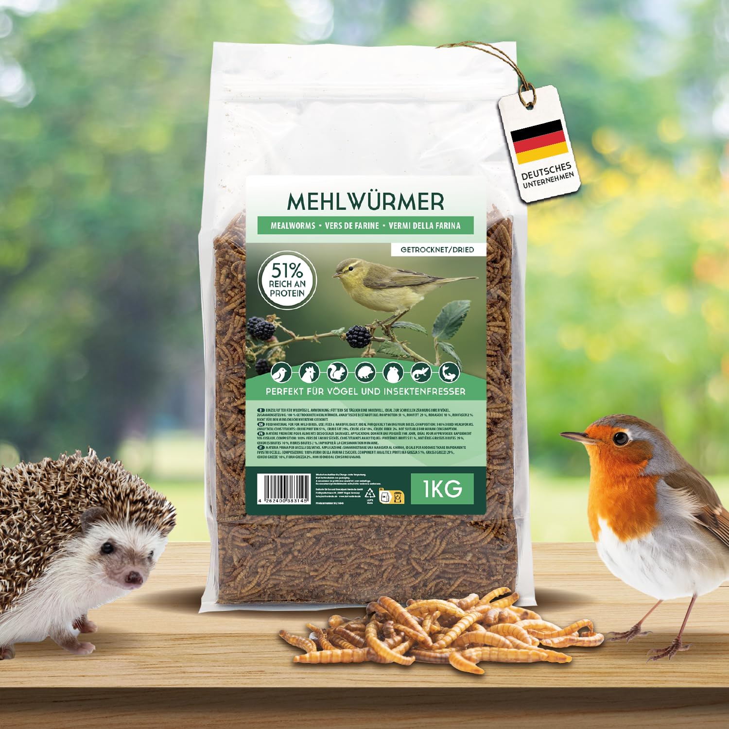 Mehlwürmer getrocknet 1kg, natürliches Insektenfutter für Vögel, Hühner, Fische, Schildkröten, Nager und Reptilien, Reich an Proteinen und Nährstoffen