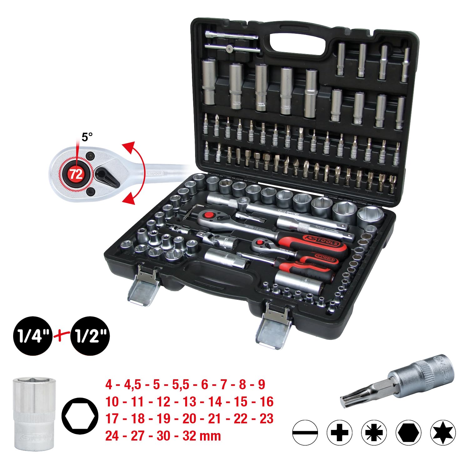 KS Tools 911.0708 1/4 Zoll + 1/2 Zoll Steckschlüssel-Satz | inklusive 2 Umschaltknarren, 45-Zahn | matt satiniert | 108-tlg. | 911.0708, Steckschlüsselsatz