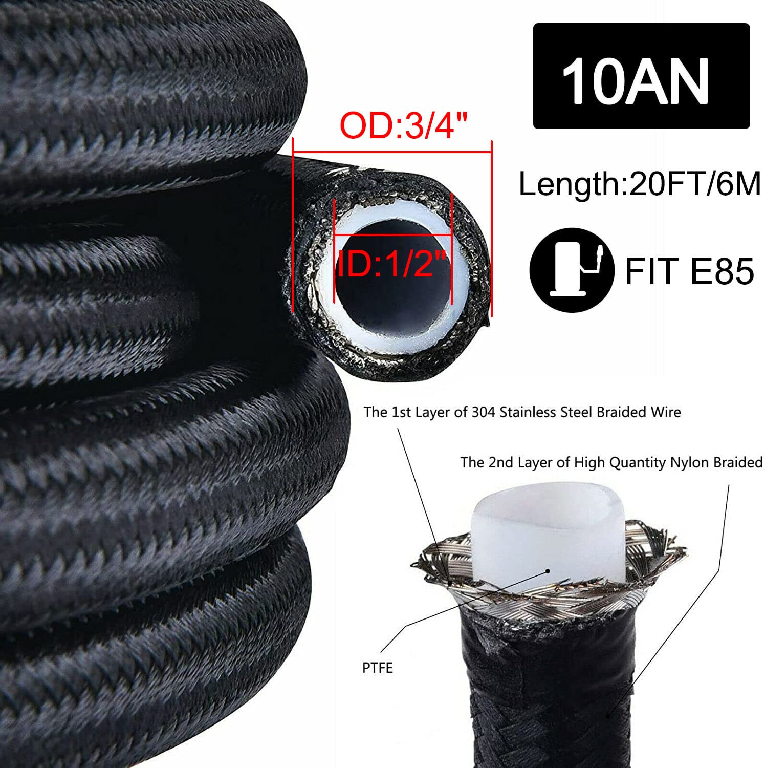 Kit de tuyau de carburant PTFE 10AN 6,1 m, tuyau de carburant en acier inoxydable E85 et nylon tressé 6,1 m avec kit adaptateur de tuyau de carburant pivotant 10 pièces – Noir
