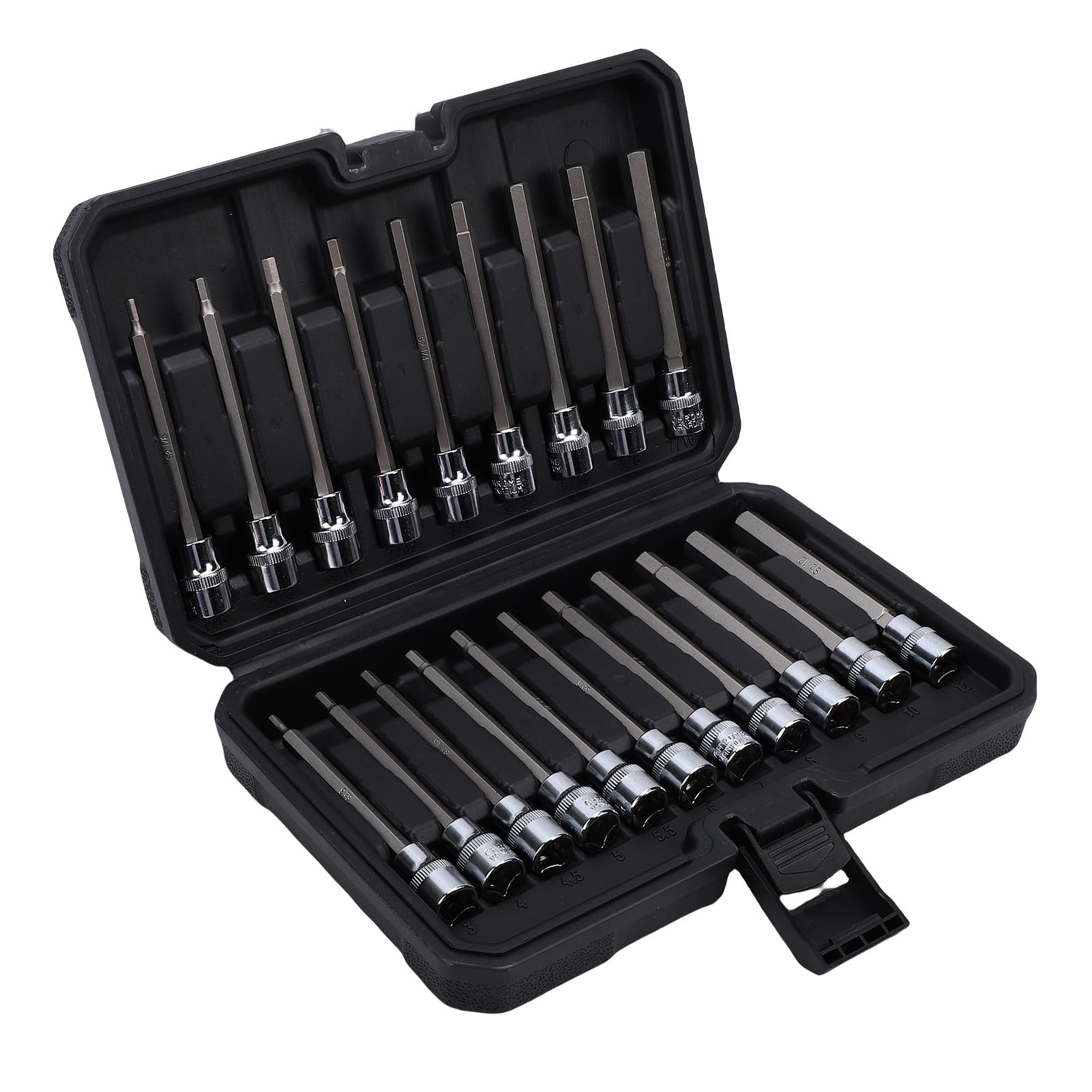 Fdit Set da 20 Pezzi di Prese Esagonali Extra Lunghe per Attacco 3/8 Pollici, Metrico 6-24mm SAE 1/8-7/16 Pollici, Acciaio Legato S2 110mm con Custodia Stampata per Riparazioni