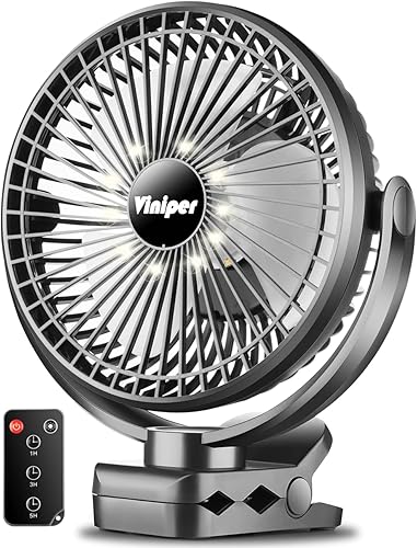 Viniper Ventilador de clip recargable de 8 pulgadas con luz LED, batería de 10000 mAh, ventilador colgante con temporizador rotación de 360, 3