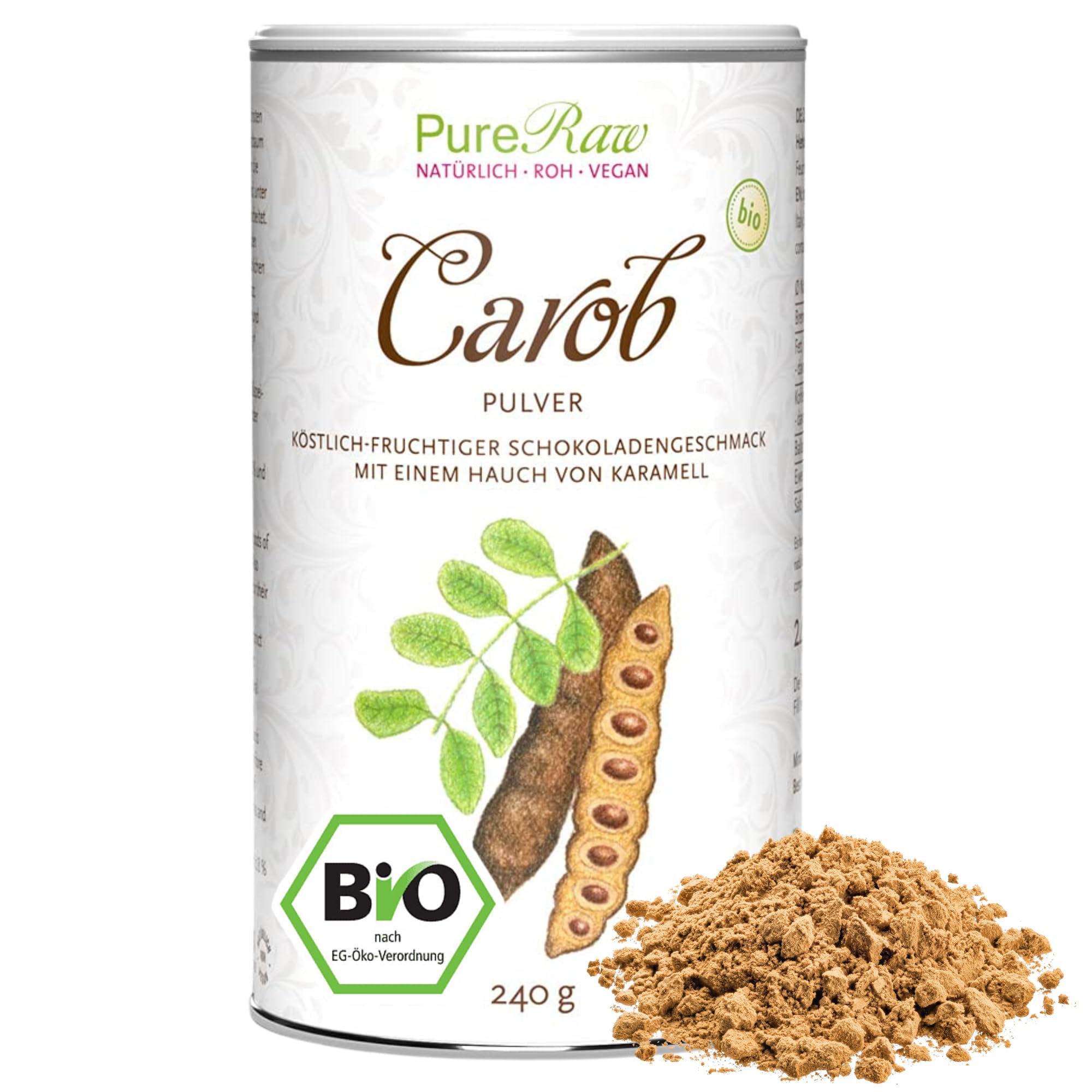 Carobpulver Bio Vegan - Natürliche Süße, Ballaststoffreich, reich an Mineralien, Koffeinfrei - Kakao Alternative für Trinkschokolade ohne Zucker - Johannisbrot Pulver Bio, Carob Powder I PureRaw 240g