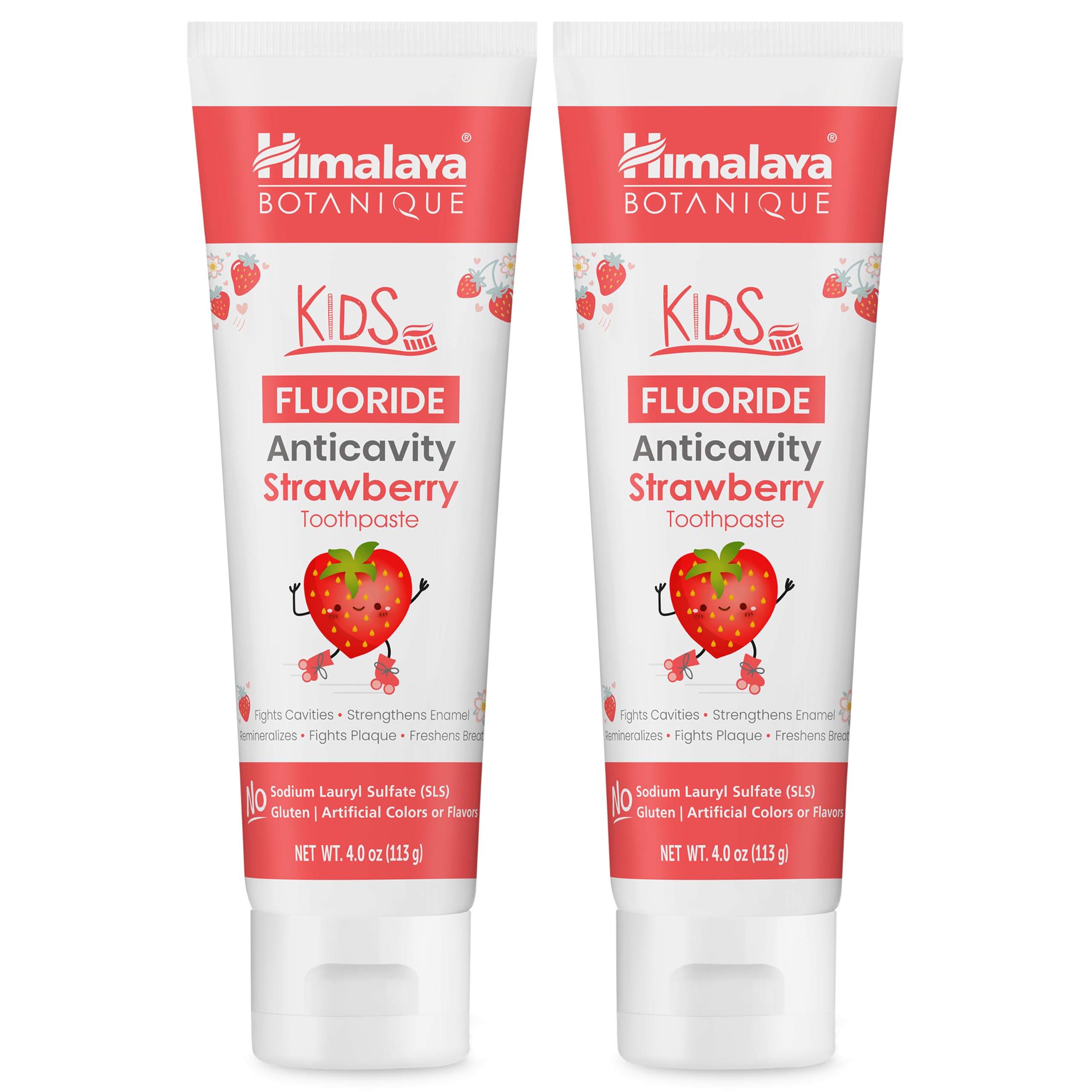 Himalaya Botanique Kids Fluoride Anticavity Toothpaste, Strawberry Flavor, Fluoride Toothpaste, Helps Prevent Cavities, Vegan, SLS Free, No Artificial Colors or Flavors, Gluten Free, 4 oz, 2 Pack