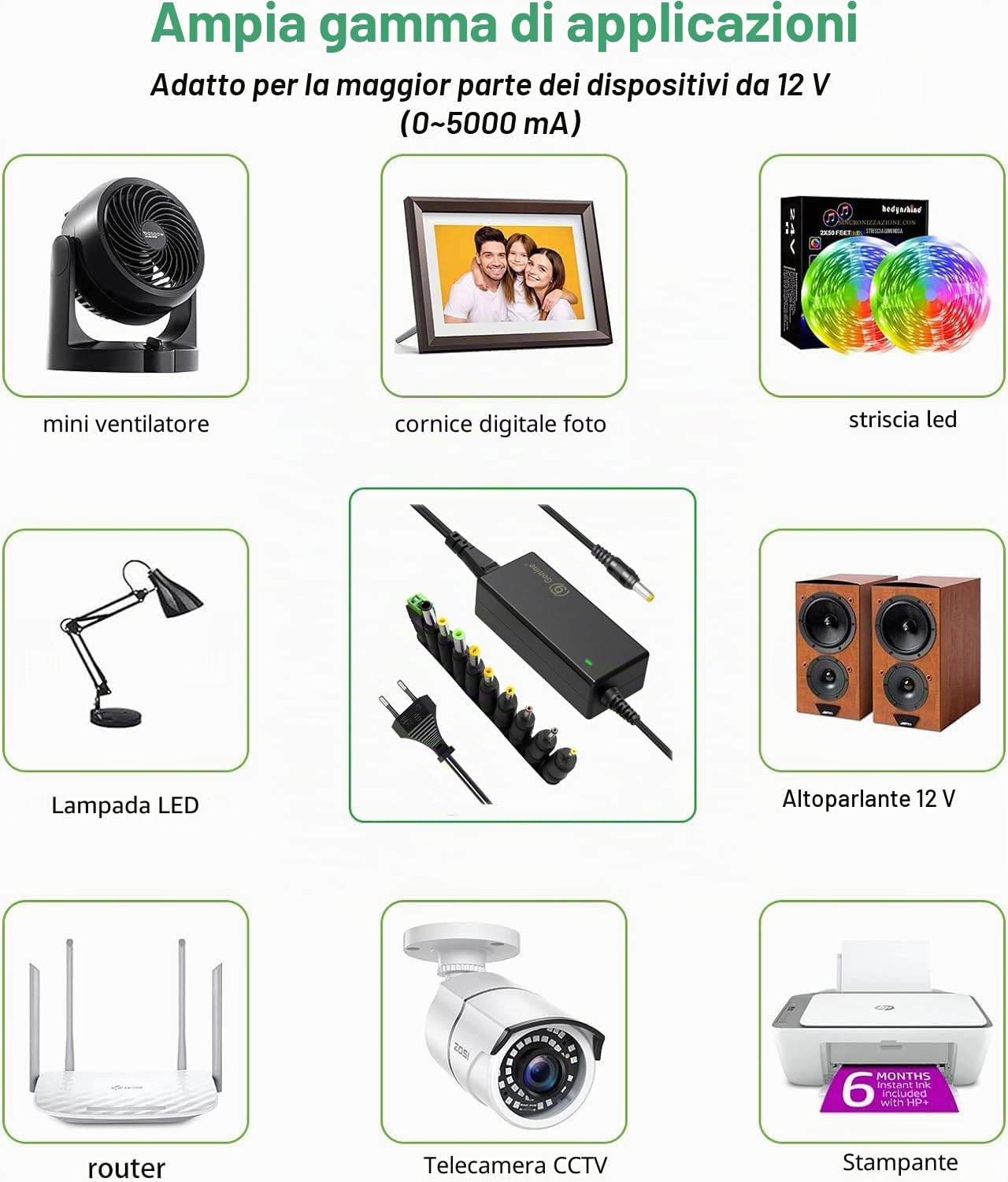 Alimentatore switching 12V 5A 60W adattatore CA con spina CC 5,5 x 2,1 mm e connettore jack CC 11 PC per strisce luminose a led, monitor del computer e altro